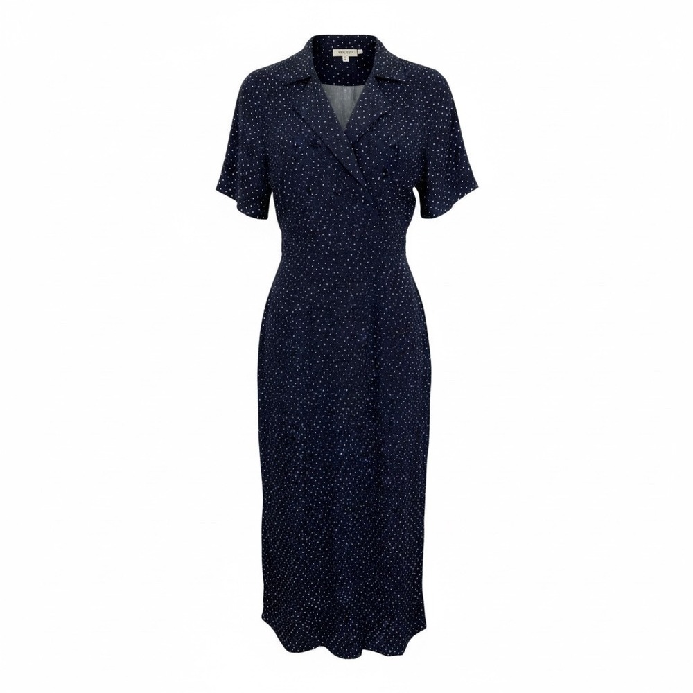Leslie Fayā Dark Blue & White Polka Dots w/Buttons Maxi Dress Size 8